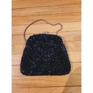 Vintage Hand Beaded Black Evening Bag Made in Hong Kong
